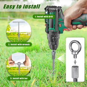 Insaga ground anchor assembly demonstrated with impact drill for deep installation.