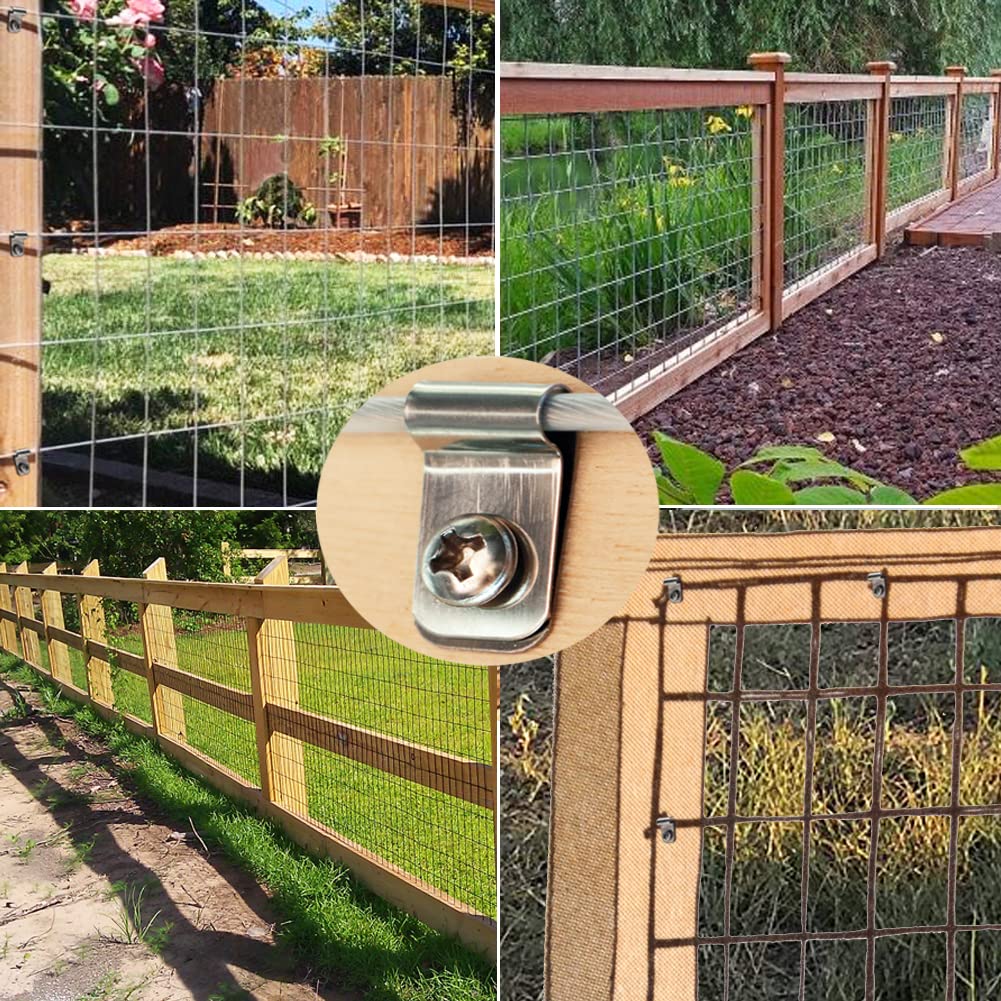 Inslat clamps securing welded wire to wood post during fence installation.
