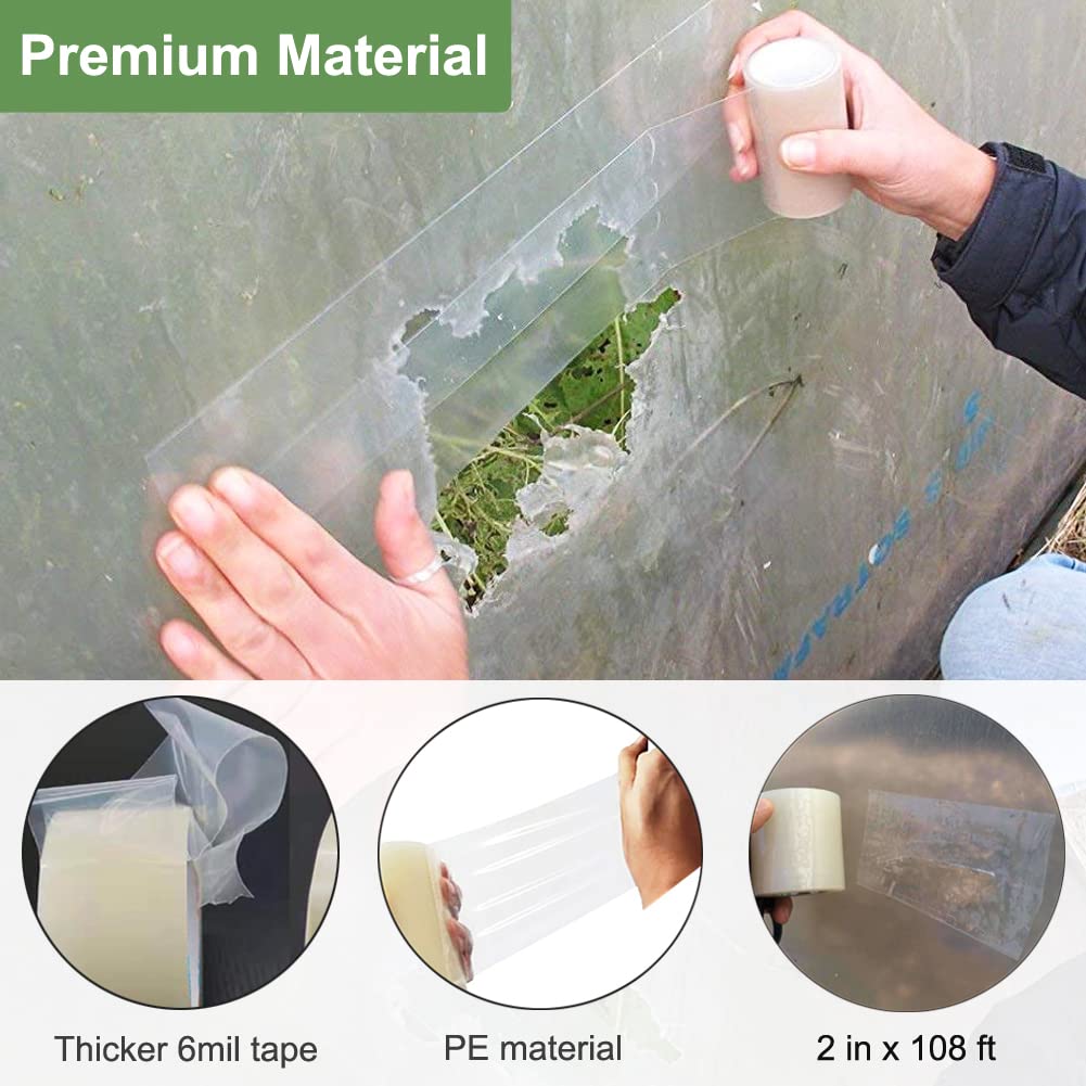 Close-up of Inslat reinforced 6mil tape adhering to torn greenhouse film