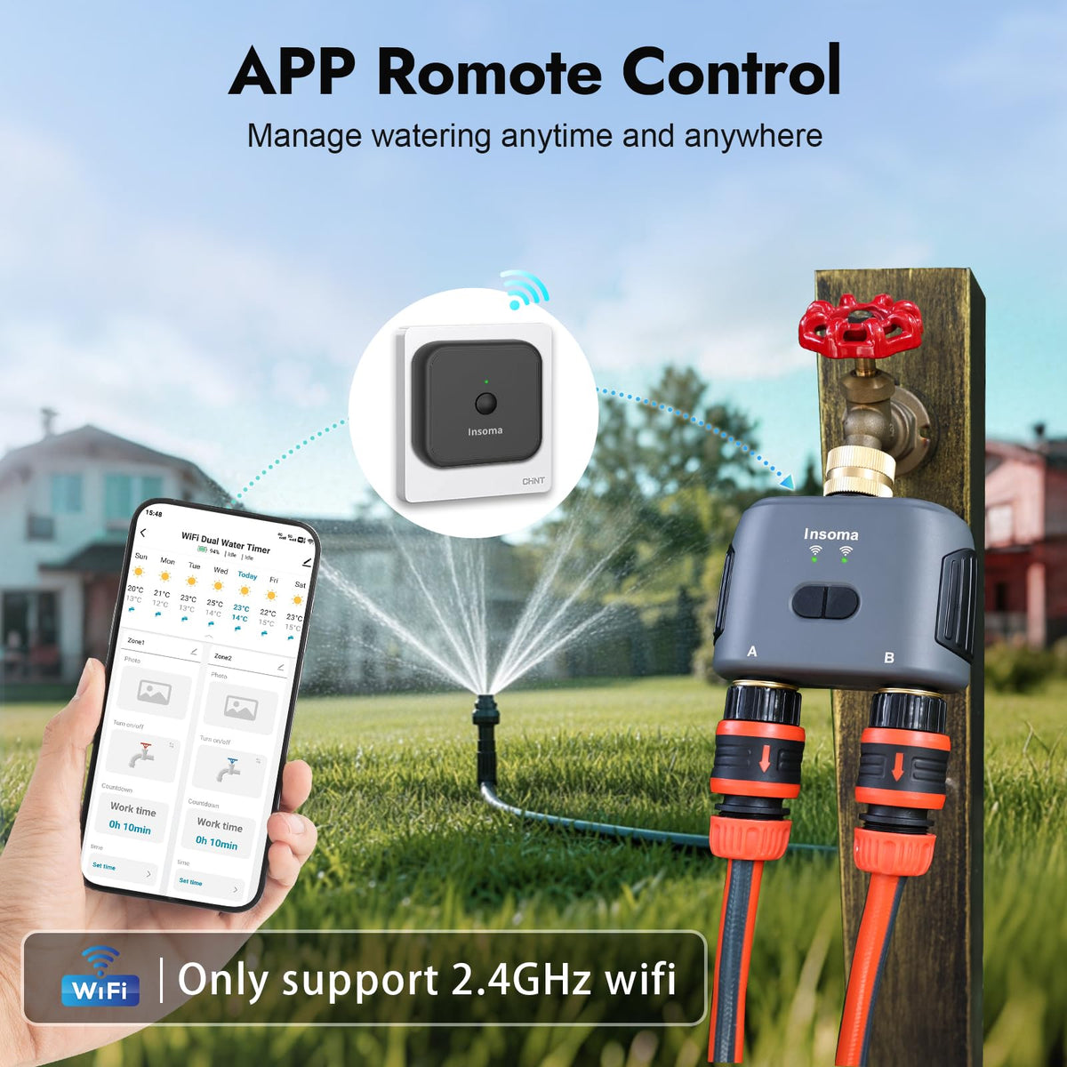 Brass inlet connection on Insoma timer ensures durable outdoor reliability.