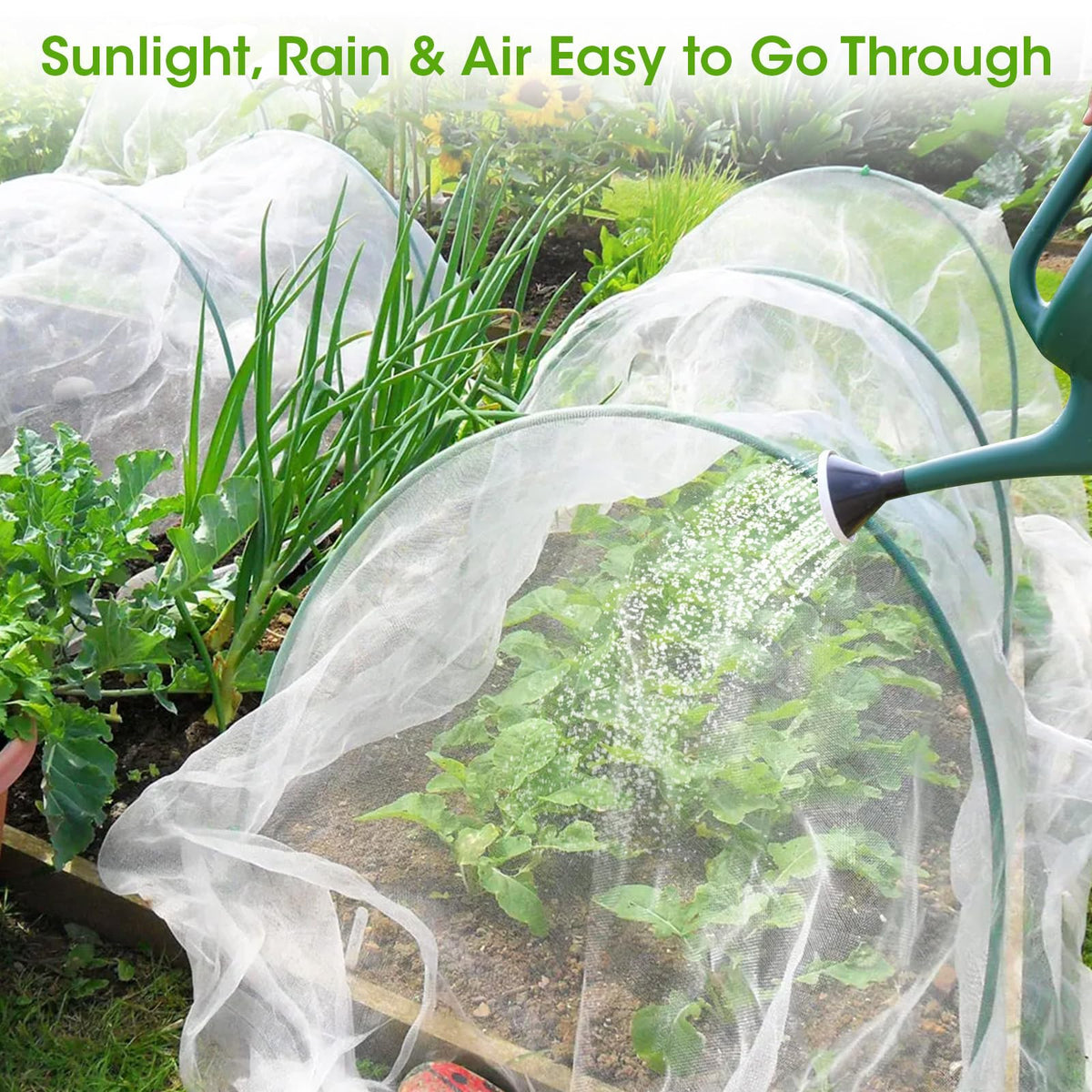 Insoma cut-to-size netting demonstrated for a precise fit over raised beds.