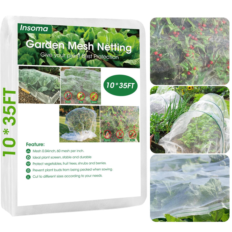 Insoma garden netting 10x35ft shows wide coverage and 60-mesh design for protection.