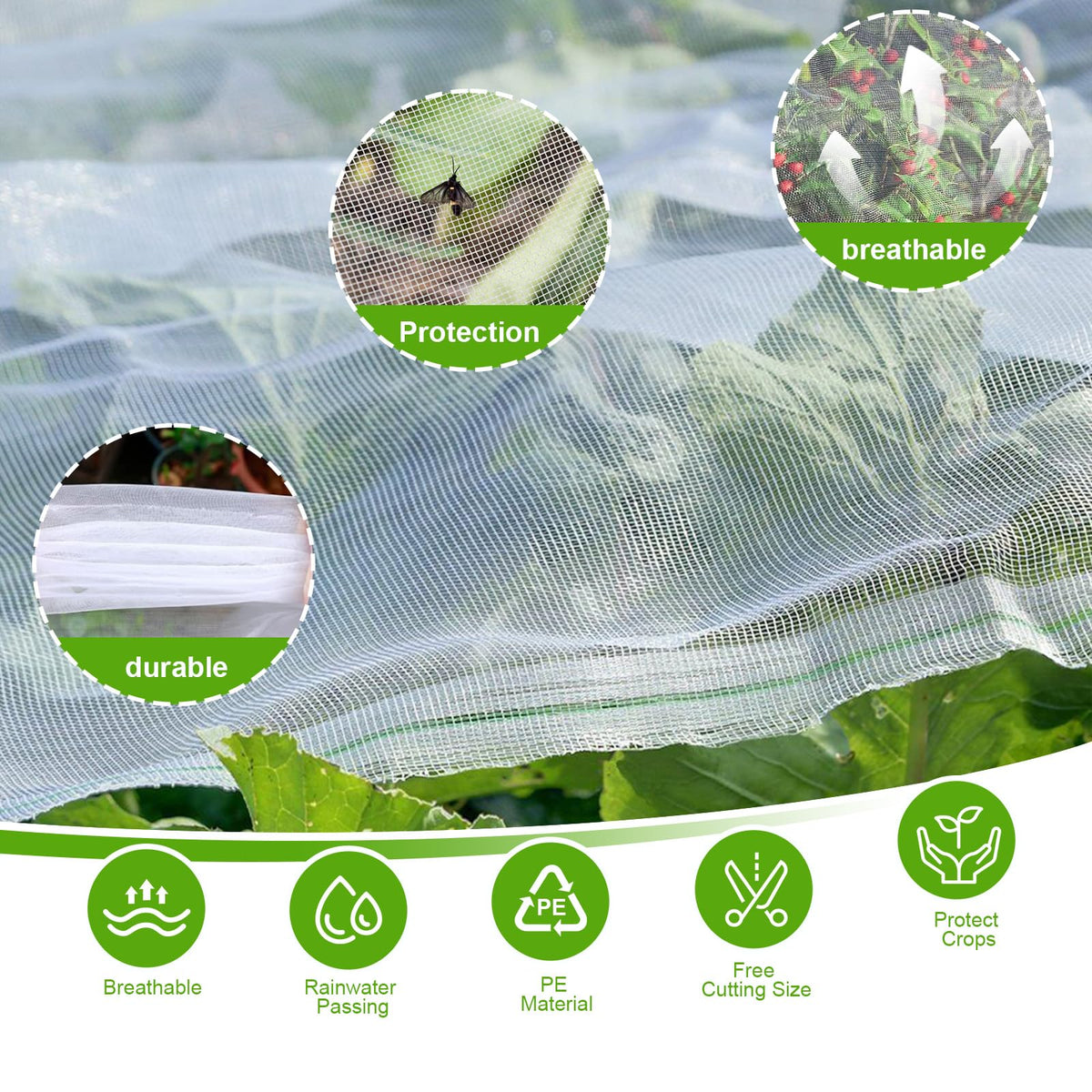 Insoma nursery netting used to protect vegetables and flowers in a cultivation space.