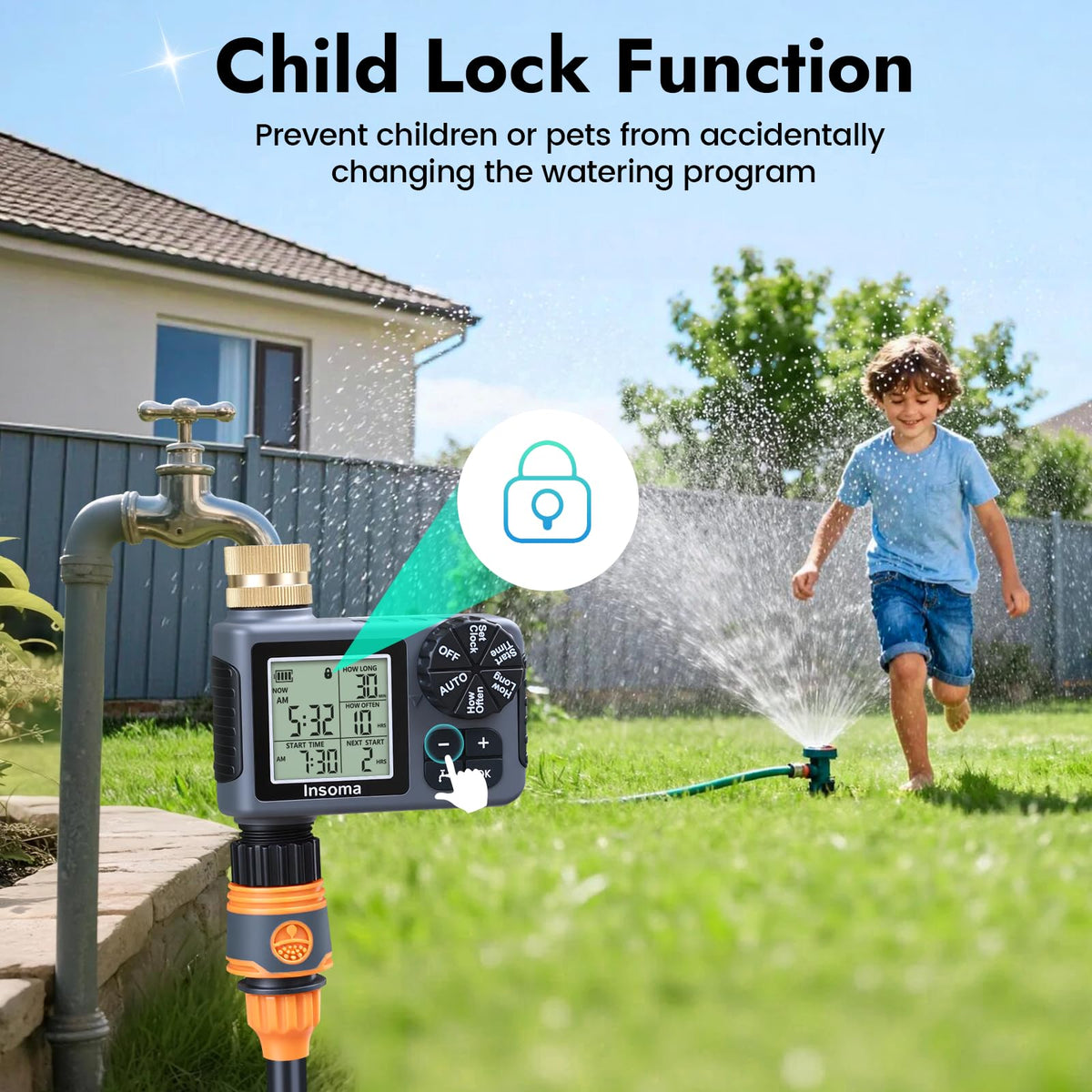 Insoma sprinkler timer long battery life with two AA cells.
