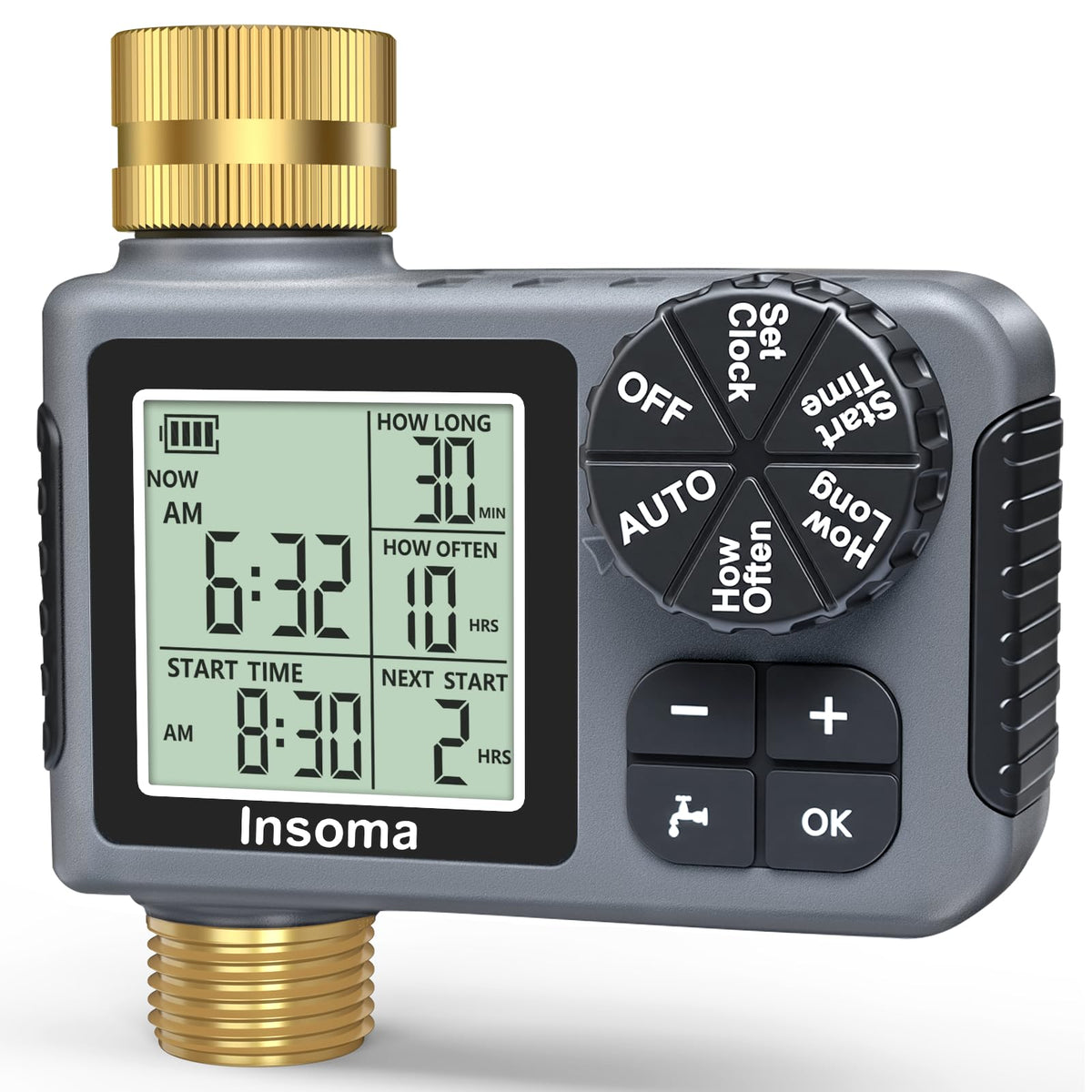 Insoma sprinkler timer with brass inlet and outlet for reliable irrigation.