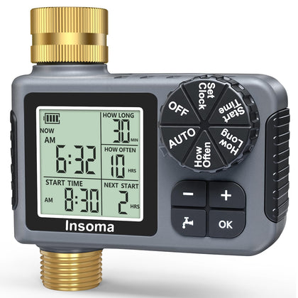 Insoma sprinkler timer with brass inlet and outlet for reliable irrigation.
