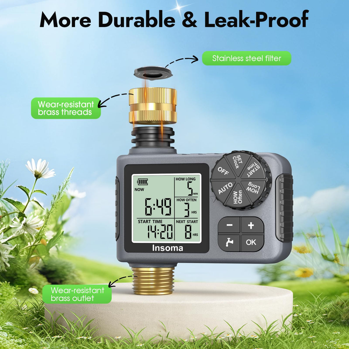 Insoma sprinkler timer dial controls shown for simple program setup.