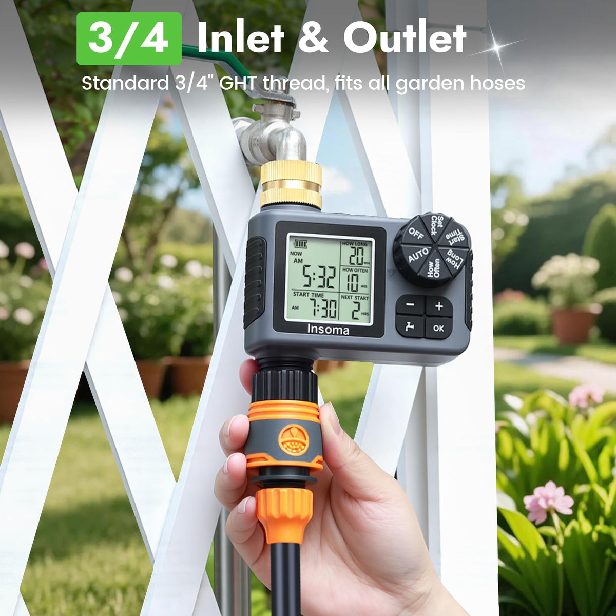 Insoma sprinkler timer easy installation on outdoor faucet.