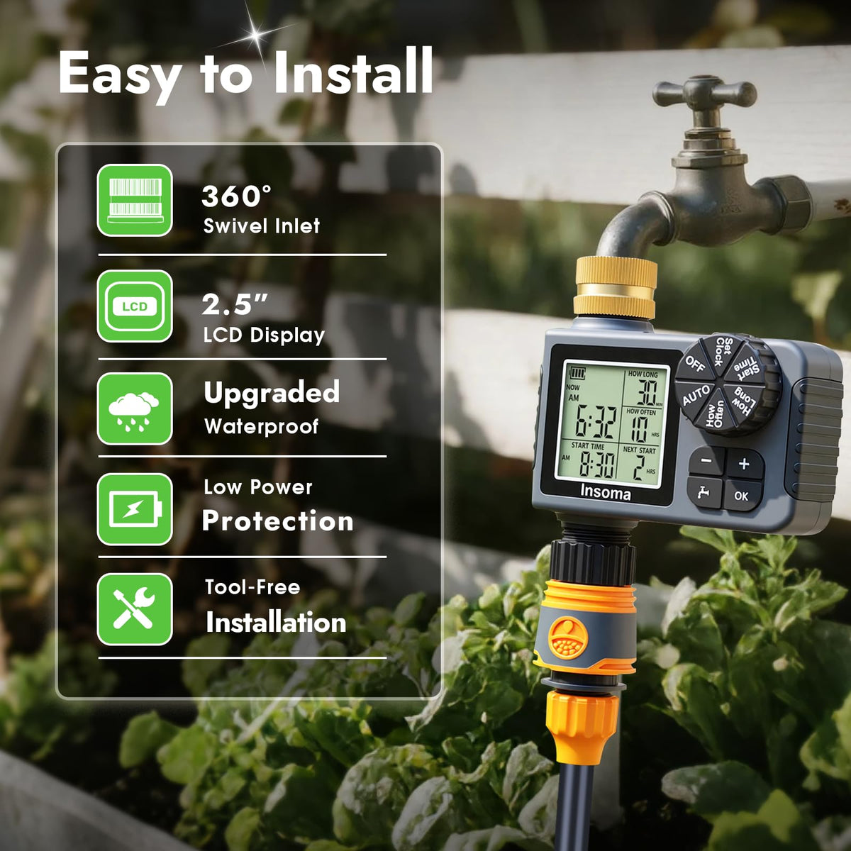 Insoma sprinkler timer in a lush garden aiding consistent watering.