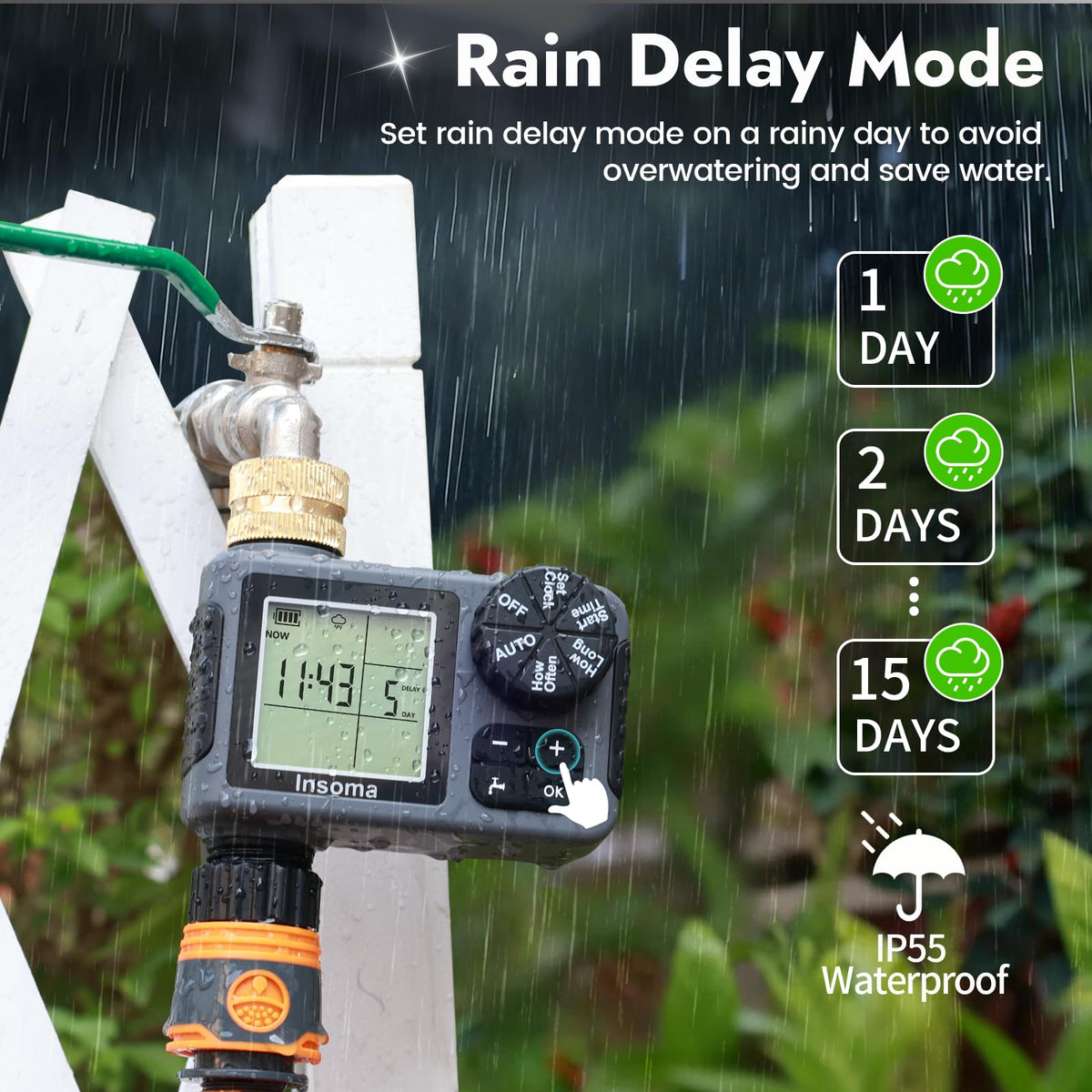 Insoma sprinkler timer with rain delay pauses watering when rain is forecast.