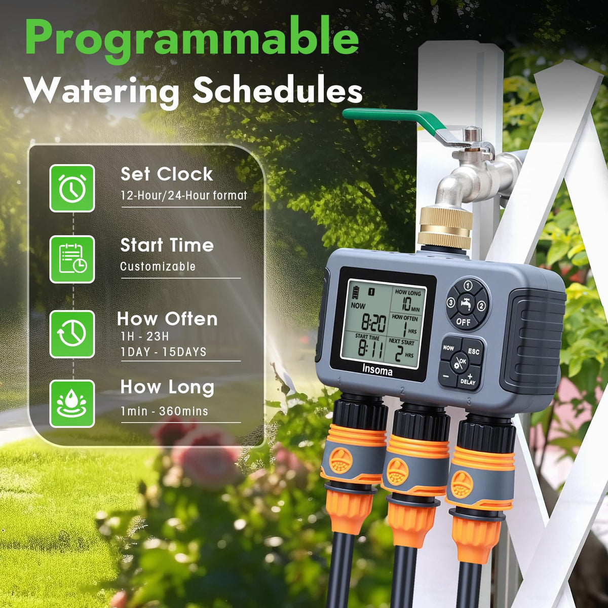 Insoma water timer displaying three zones with separate zone controls for tailored watering.
