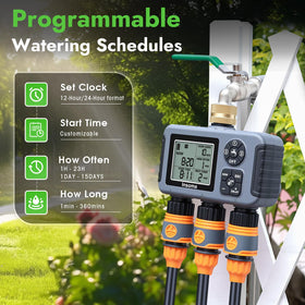 Insoma water timer displaying three zones with separate zone controls for tailored watering.