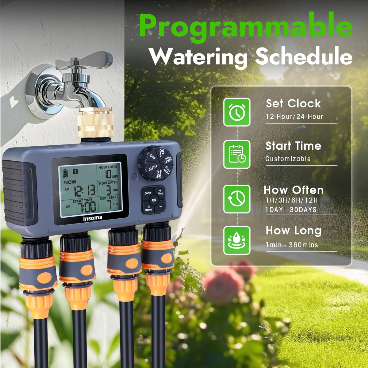 Insoma water timer with brass inlet, display view, easy scheduling of watering routines.