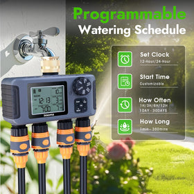 Insoma water timer with brass inlet, display view, easy scheduling of watering routines.