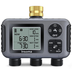 Insoma water timer with brass inlet, front view highlights durable outdoor connection.