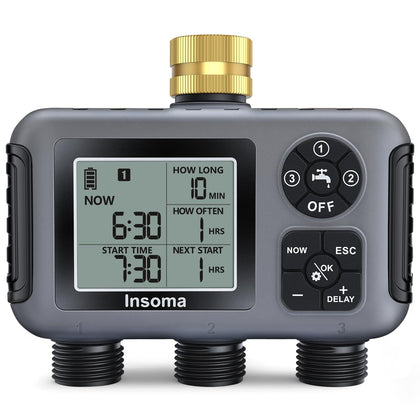 Insoma water timer with brass inlet, front view highlights durable outdoor connection.