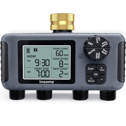 Insoma water timer with brass inlet, front view, reliable outdoor irrigation control for gardens.