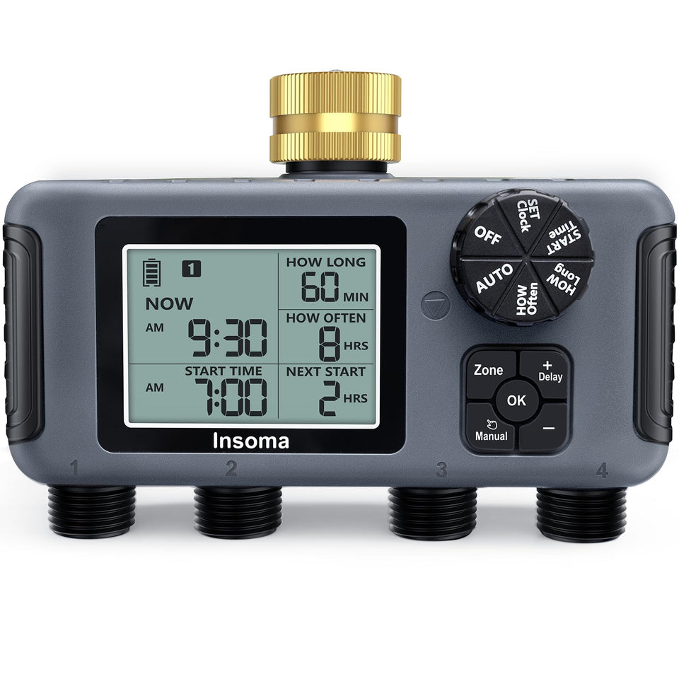 Insoma water timer with brass inlet, front view, reliable outdoor irrigation control for gardens.