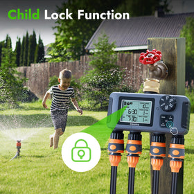 Insoma water timer with brass inlet, IPX5 durable housing, rugged outdoor use.