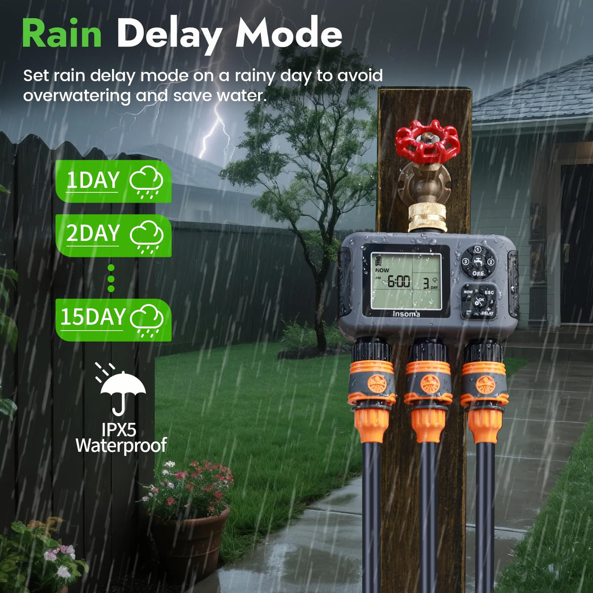 Insoma water timer rain delay mode pauses schedules during rain.