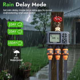 Insoma water timer rain delay mode pauses schedules during rain.
