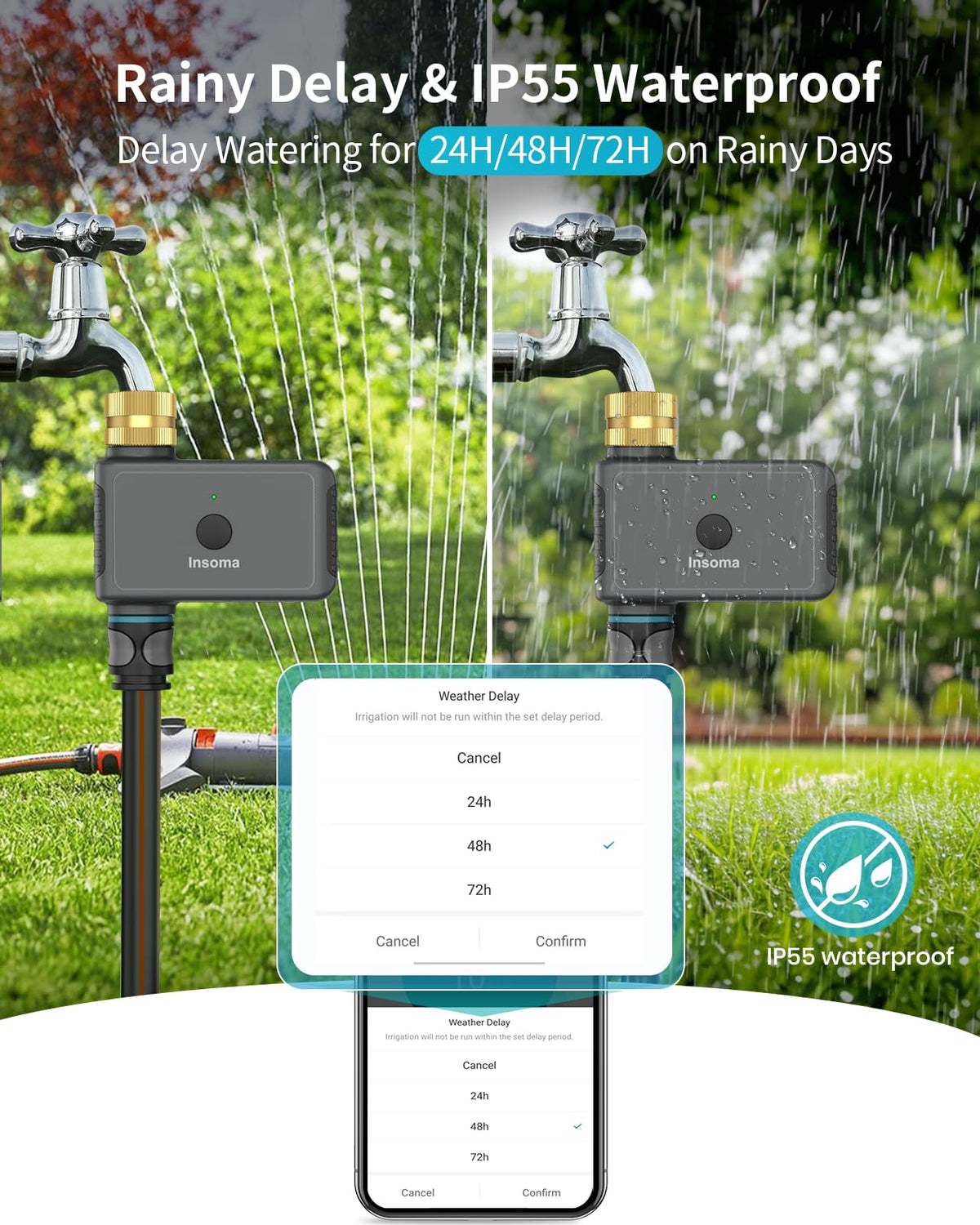 Insoma WiFi Water Timer rain delay and manual watering features in use