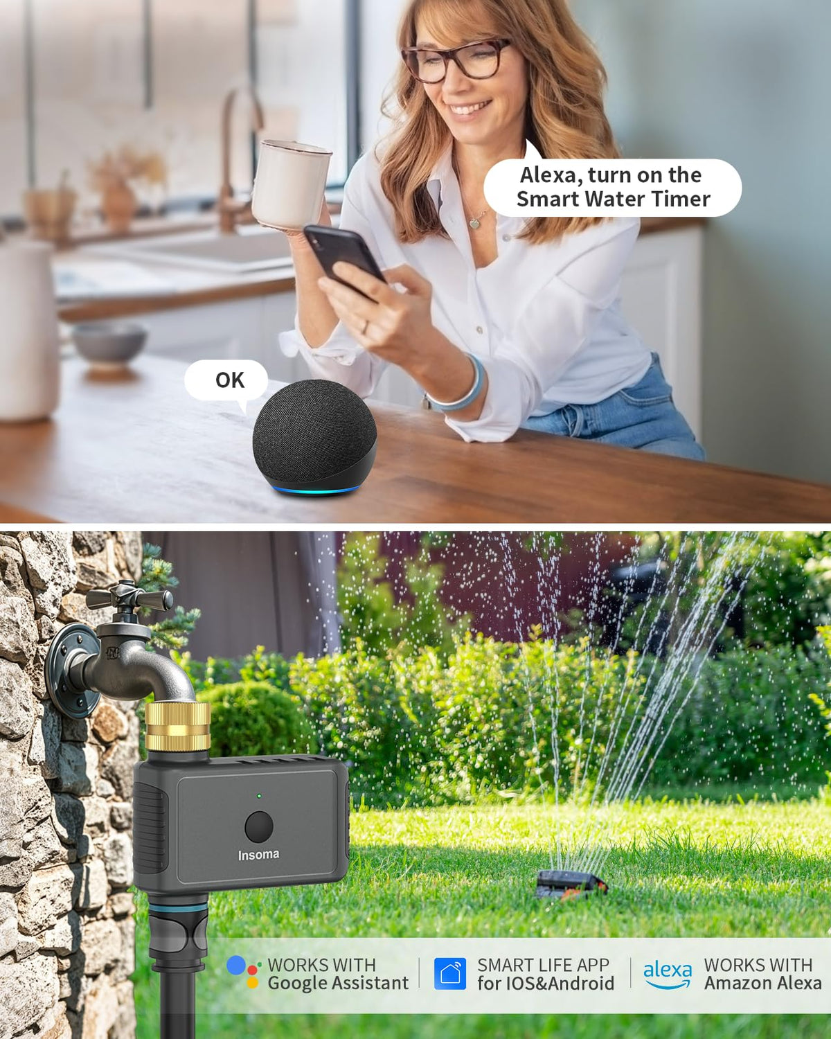 Insoma WiFi Water Timer in voice-control mode using Alexa or Google Assistant