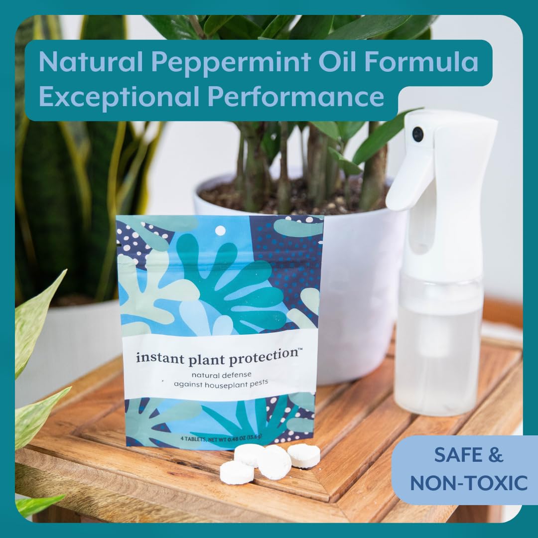 Natural peppermint oil note highlights plant-safe pest defense.