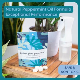 Natural peppermint oil note highlights plant-safe pest defense.