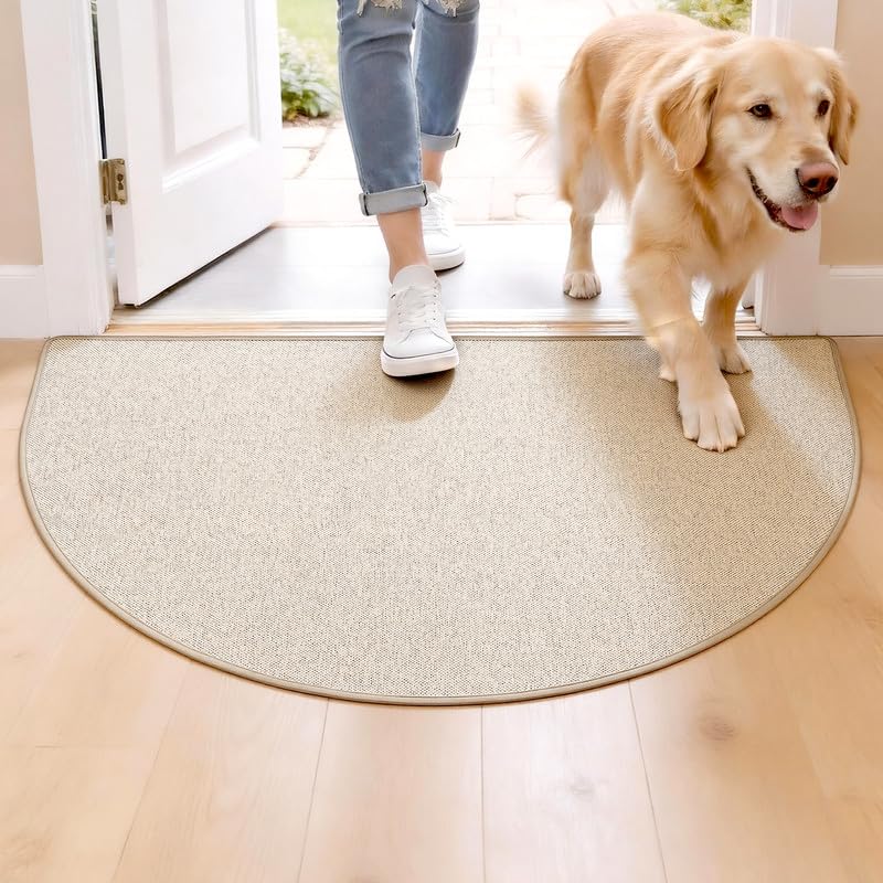 Insuller half-circle khaki door mat shows microfiber texture ideal for absorbing moisture.