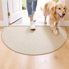 Insuller half-circle khaki door mat shows microfiber texture ideal for absorbing moisture.