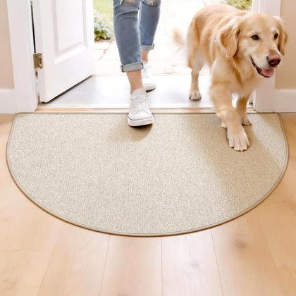 Insuller half-circle khaki door mat shows microfiber texture ideal for absorbing moisture.