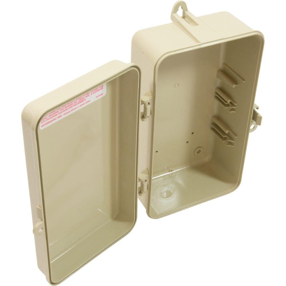 Intermatic 2T2502GA enclosure side view highlighting rugged outdoor-ready design and knockouts