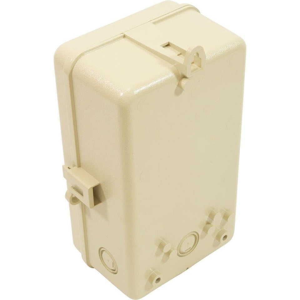 Intermatic 2T2502GA enclosure front view showing rainproof plastic housing for outdoor pool timers