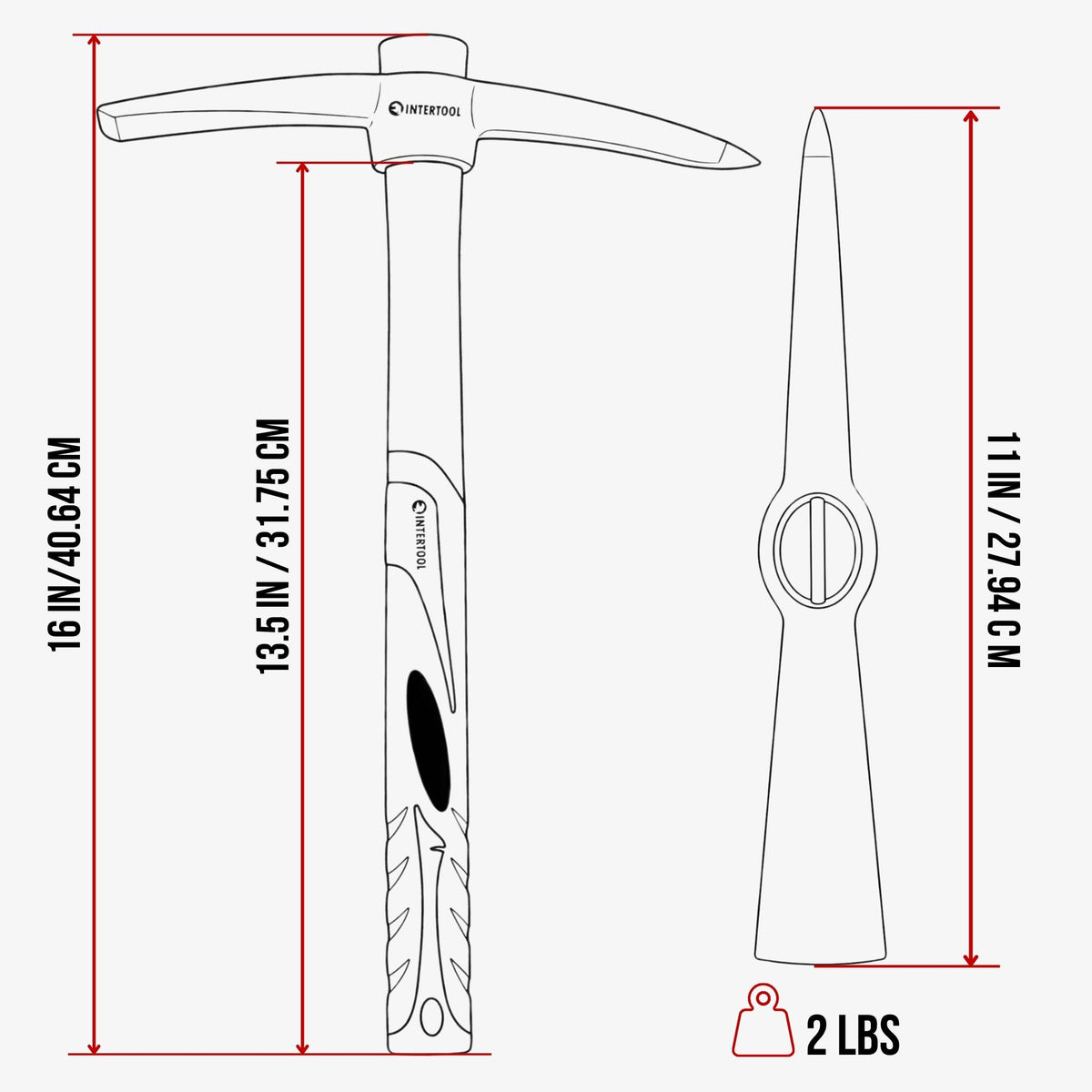 INTERTOOL anti-slip fiberglass handle reduces vibration for comfortable extended use.