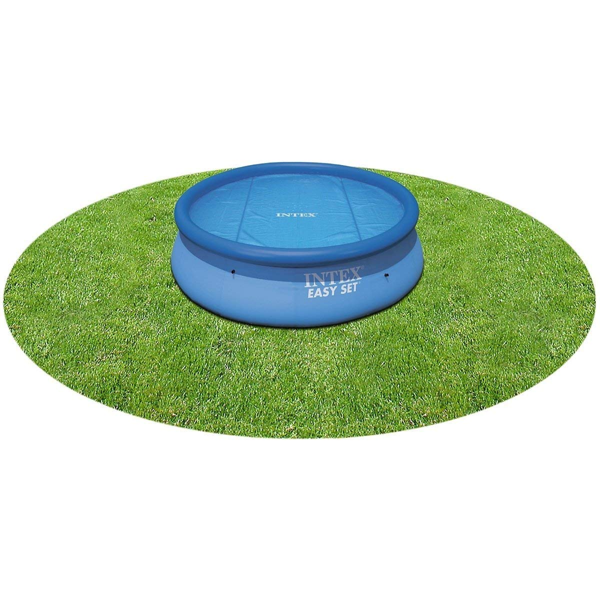 Intex 10ft solar pool cover on water helps warm water and extend the swimming season