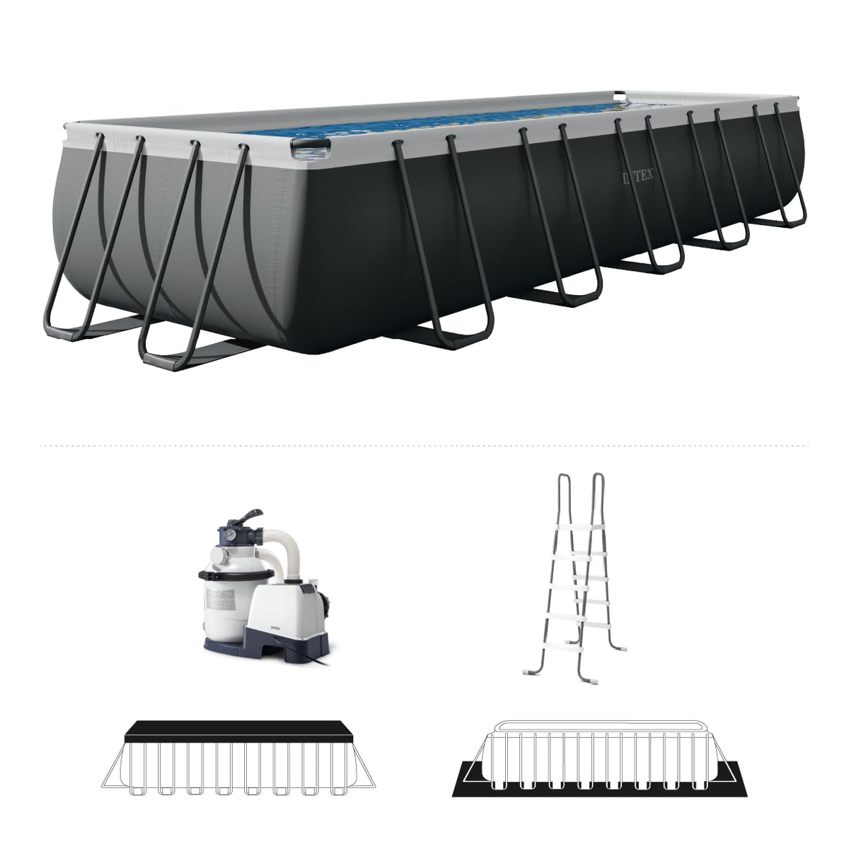 Intex 26357MZ rectangular pool assembly highlights quick setup and included two-year warranty.