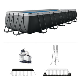 Intex 26357MZ rectangular pool assembly highlights quick setup and included two-year warranty.