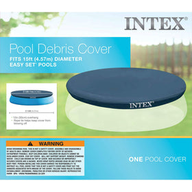 Intex 28023E debris protection over a 15-foot pool for clean pool starts.