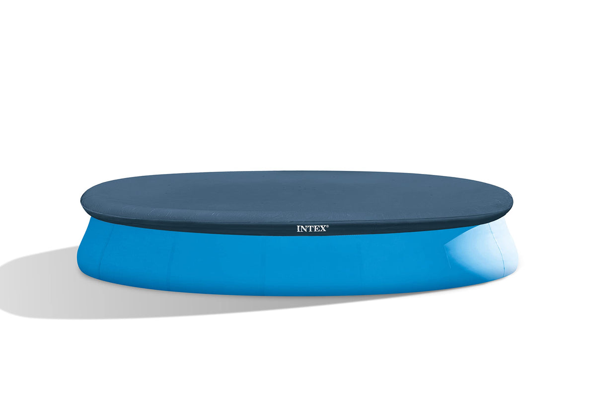 Intex 28023E pool cover on a 15-foot round pool edge for secure, debris-free protection.