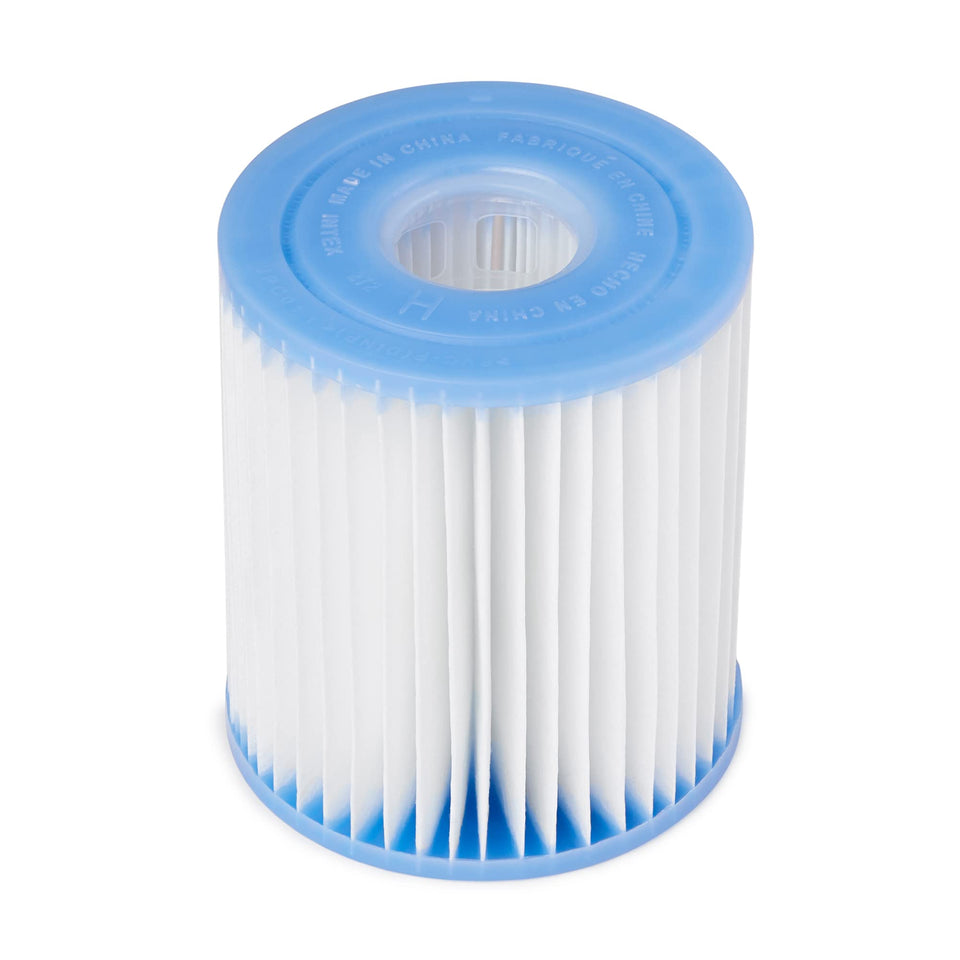 Intex 29007E cartridge close-up shows durable Dacron filtration for clear water