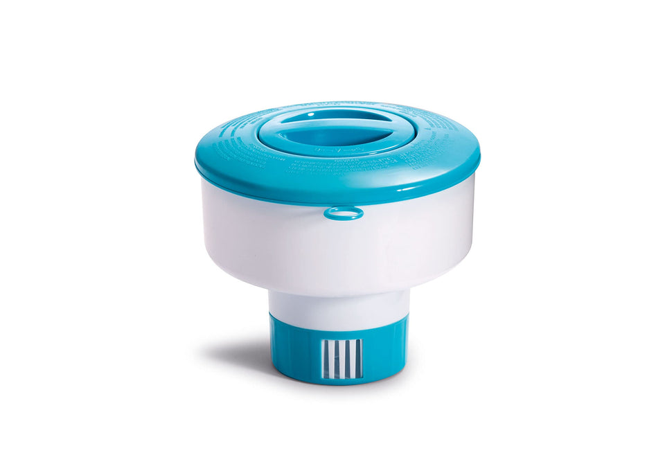 Intex 7in Floating Chemical Dispenser front view, holds chlorine tablets for steady pool sanitation.