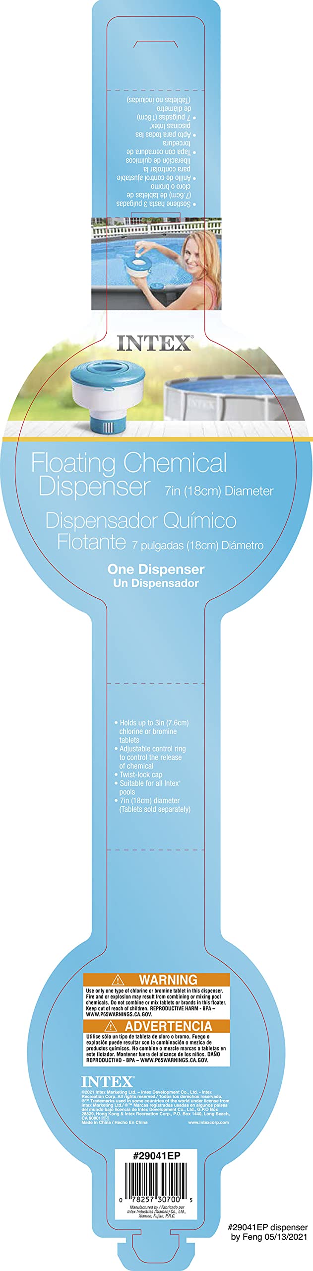 Intex 7in Floating Chemical Dispenser holding tablets, simplifies chemical dosing for small pools.