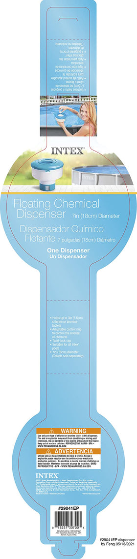 Intex 7in Floating Chemical Dispenser holding tablets, simplifies chemical dosing for small pools.