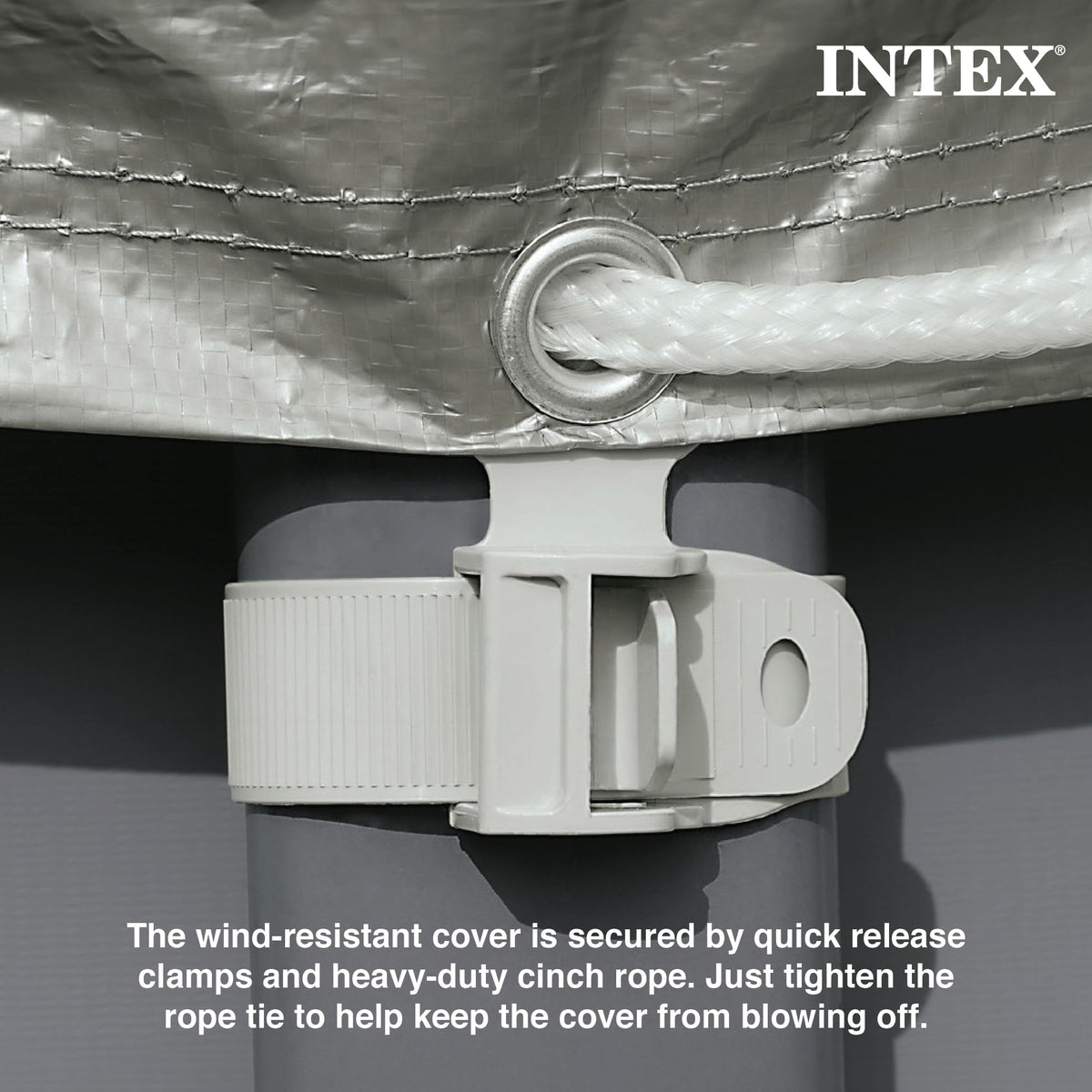 Intex Deluxe pool cover drain holes reducing standing water after rain.