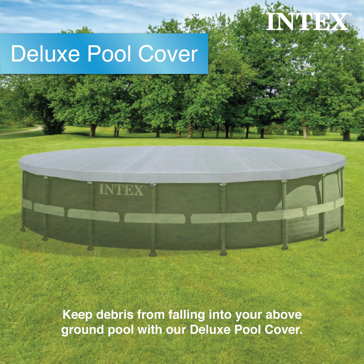 Intex Deluxe pool cover showing puncture-resistant PVC construction for durability.