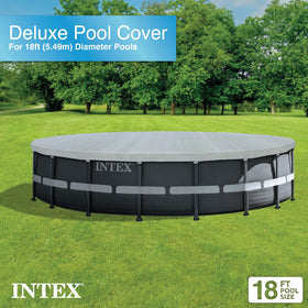 Intex Deluxe pool cover rope tie system securing cover around pool frame.