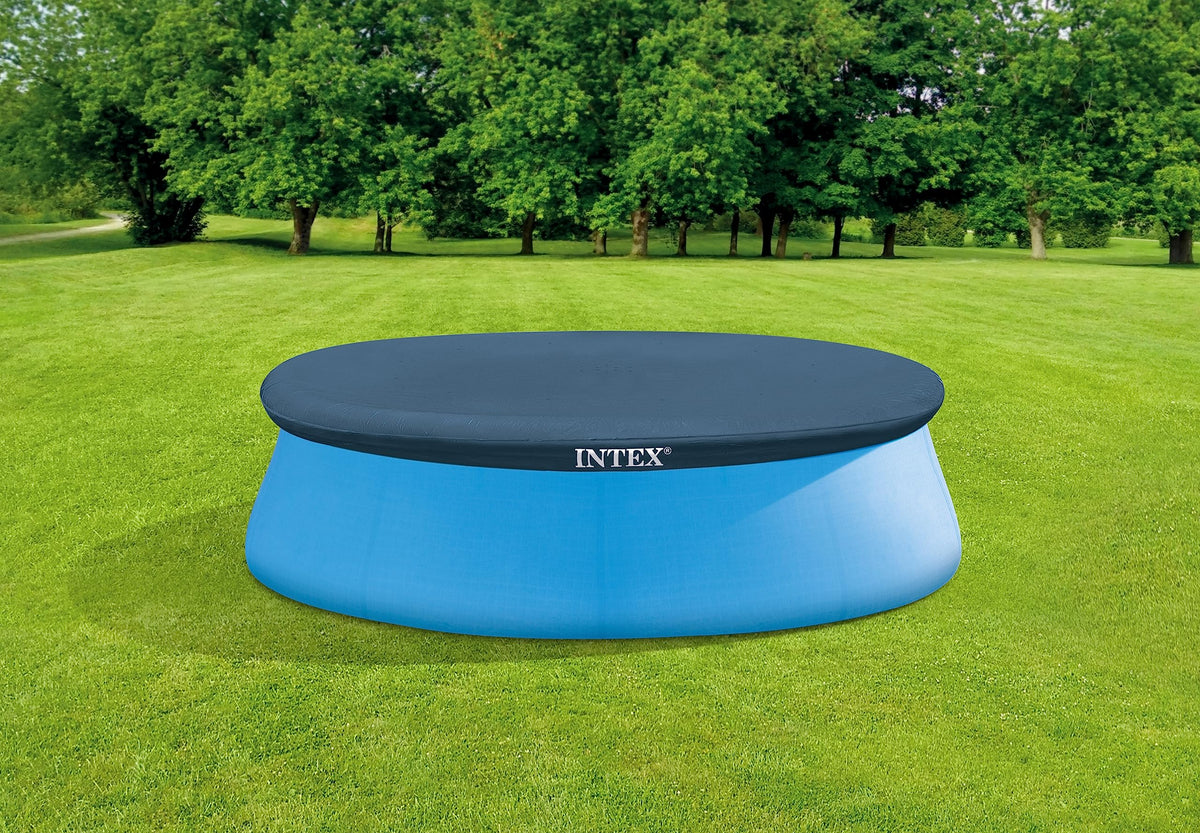 Intex Easy Set Pool Cover 8 ft floats on water reducing evaporation.