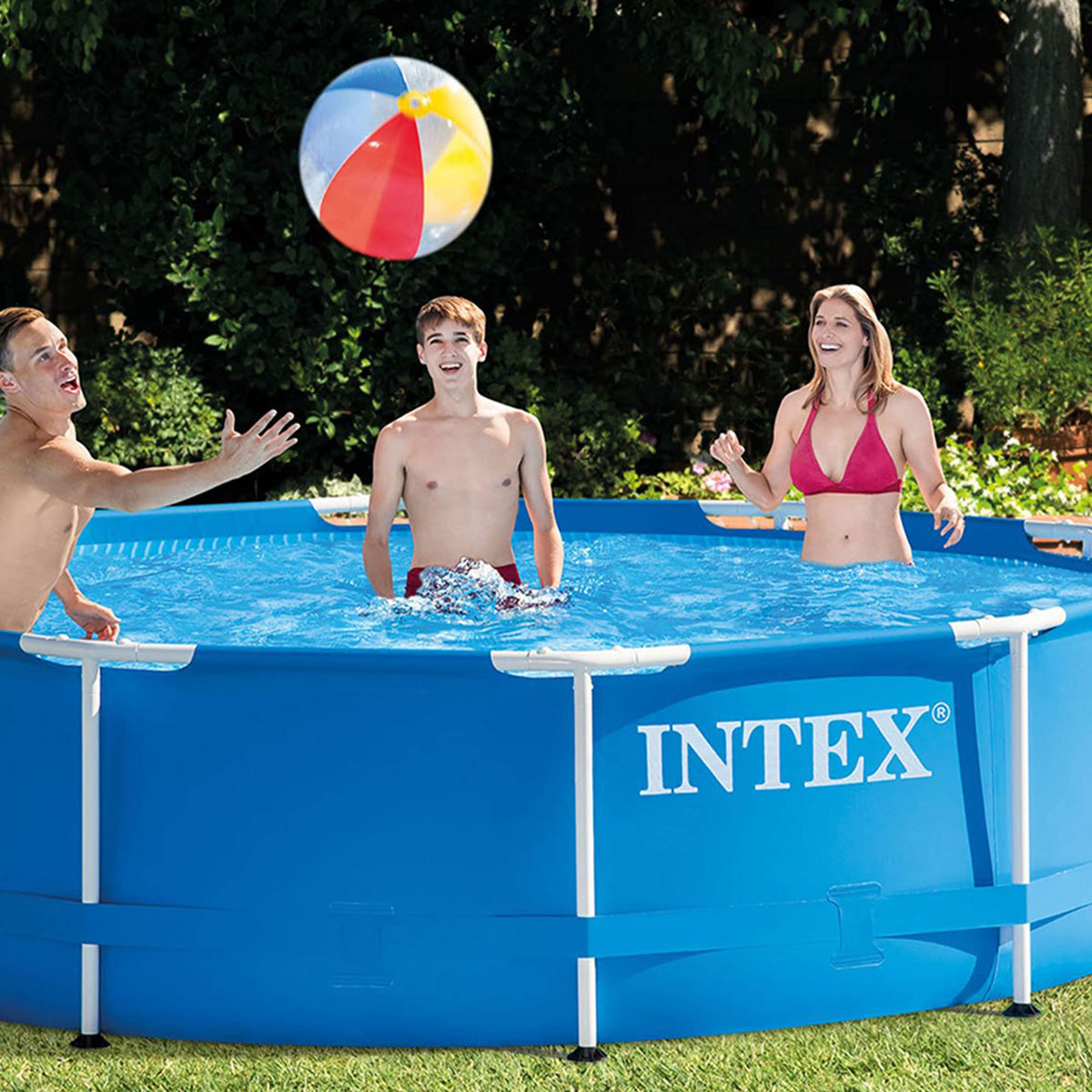 Intex family and kids enjoying a sunny backyard splash.