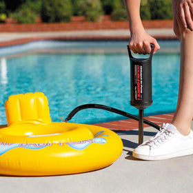 Intex Hi-Output Air Pump demonstrates up-down inflation for efficient results.